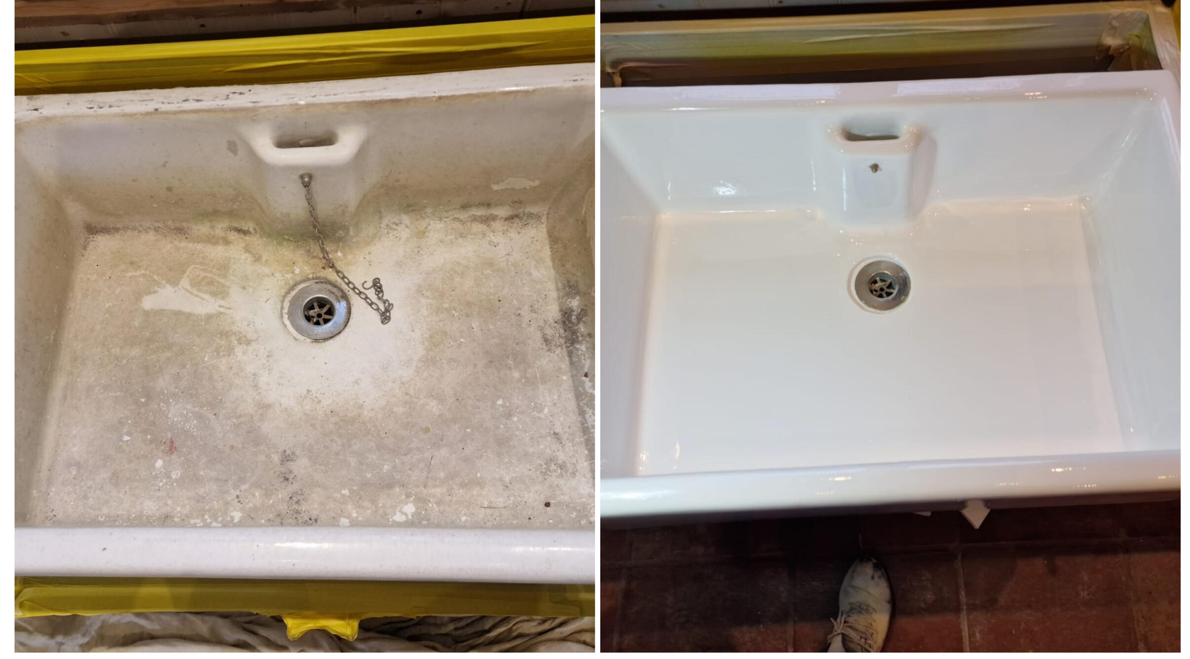 BELFAST KITCHEN SINK RESTORED IN Bath BEFORE AND AFTER PHOTOS OF A KITCHEN CERAMIC BELFAST SINK, WAS DAMAGED AND FULL OF CHIPS, FULLY RESORED TO A LIKE NEW FINISH IN Worcester