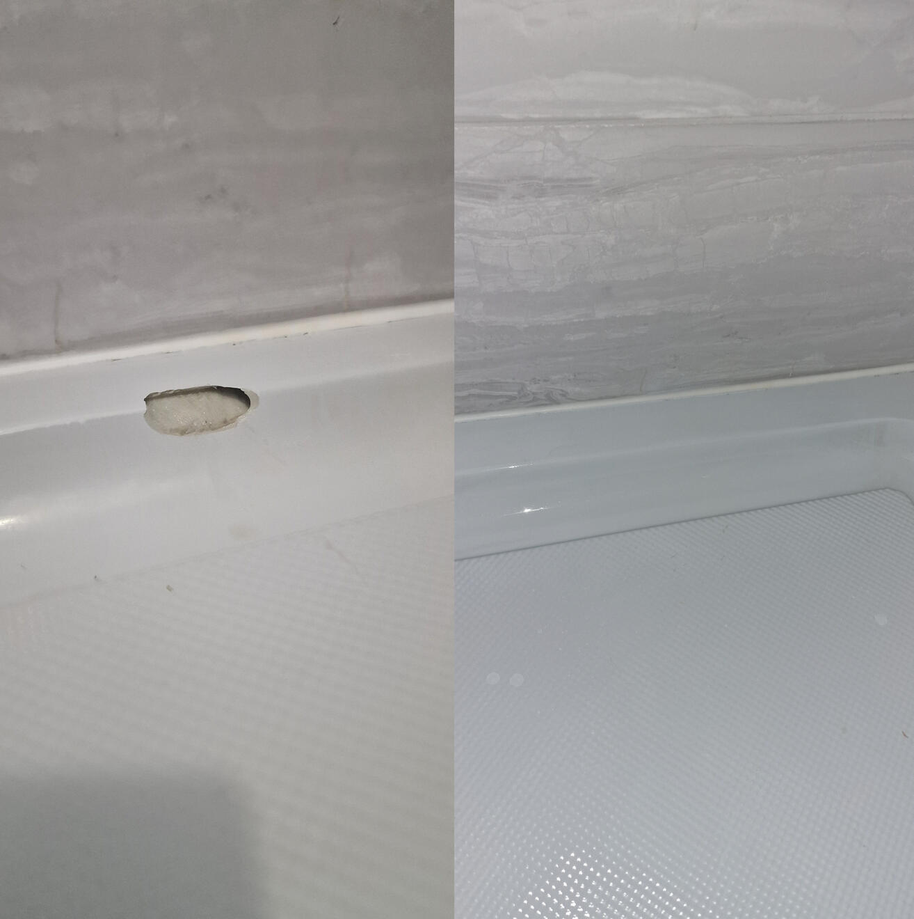 BEFORE AND AFTER PICTURES OF A STONE RESIN SHOWER TRAY CHIP REPAIR Before and after pictures of a shower Tray repair Worcester