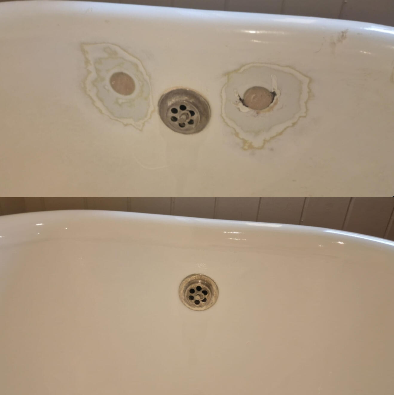 BEFORE AND AFTER PICTURES OF A CAST IRON BATH TAP HOLES FILLED AND REPAIRED Before and after cast iron bath tap holes filled and repaired in St John's Worcester