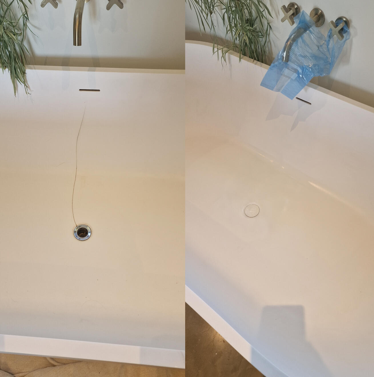 before and after pictures of a stone resin acrylic bath crack repair Reinforced stone resin bath crack repair in Worcester