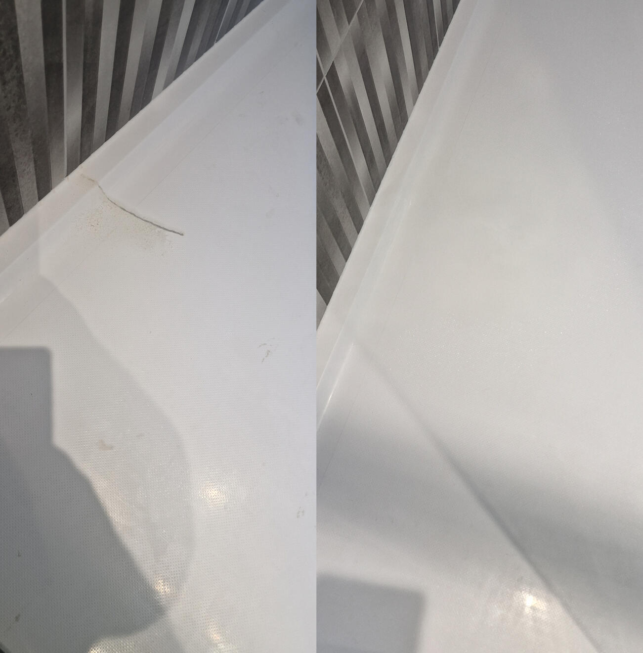 before and after pictures of a stone resin acrylic shower tray crack repair Reinforced shower tray crack repair in Worcester