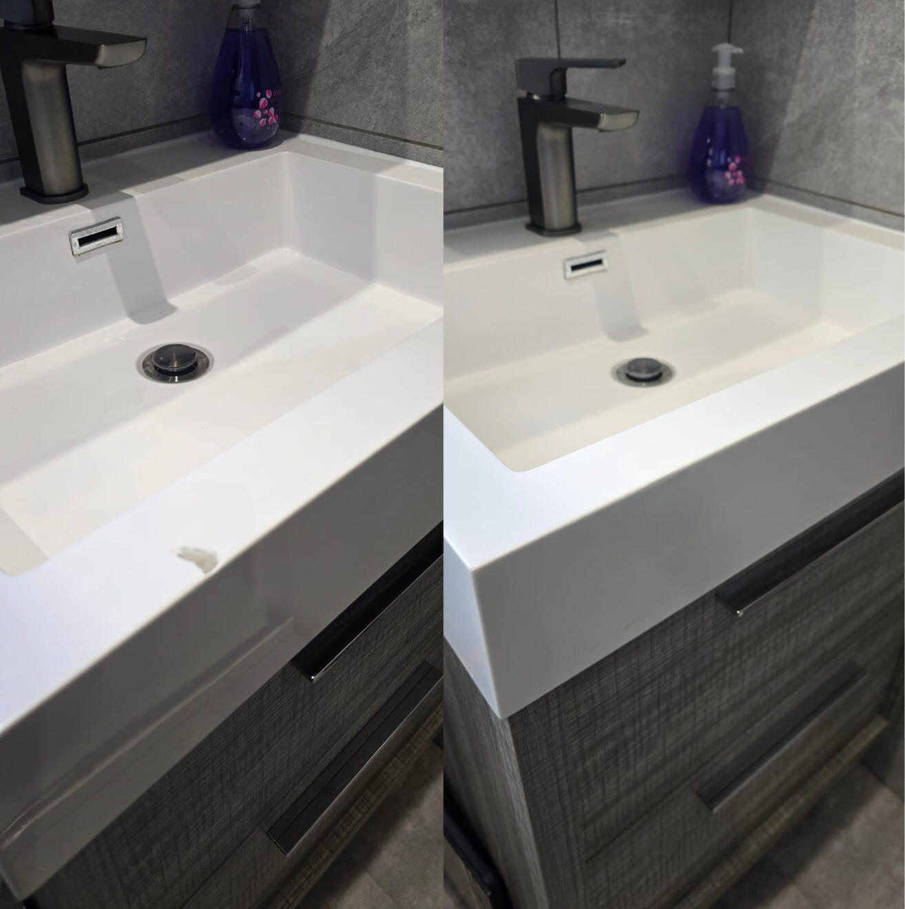 BEFORE AND AFTER PICTURES OF A COMPOSITE BATHROOM BASIN CHIP REPAIR Before and after composite bathroom basin chip repair in Worcester