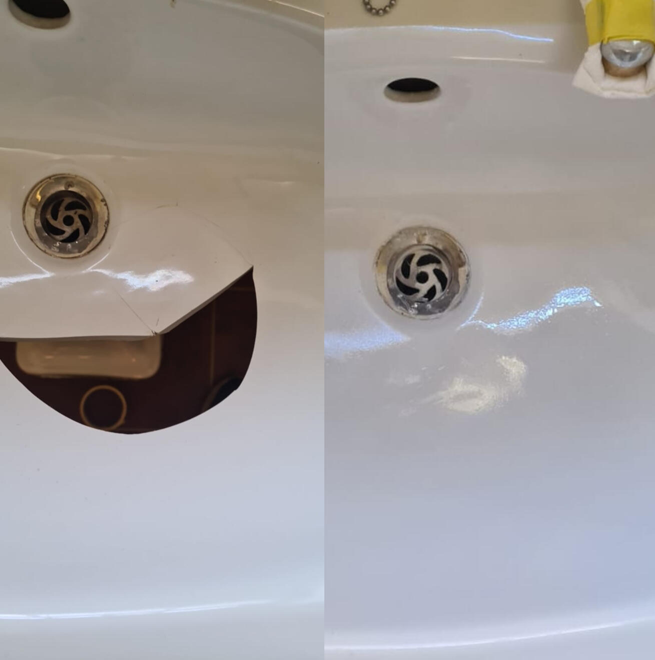 before and after pictures of a ceramic sink crack repair Before and after ceramic sink crack repair in St John's, Worcester