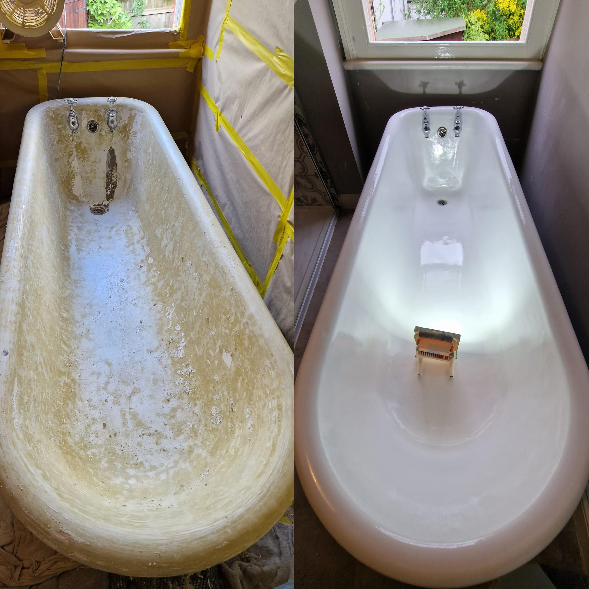 PICTURE OF A BEFORE AND AFTER OF A ROLL TOP CAST IRON BATH Before and after roll top cast iron bath re-enamelling in Clains, Worcester
